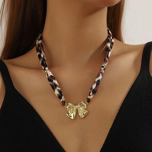 Scarf Necklace with Charm for Women Leopard Scarf Charm Necklace Vintage Bow Heart Cross Leopard Necklaces Boho Layered Pearl Coin Necklaces Summer Jewelry Gift in Saudi Arabia