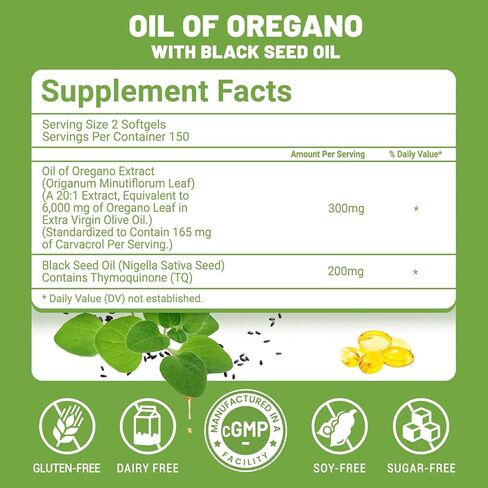 2 في 1 زيت من كبسولات الأوريجانو - زيت الأوريجانو مع زيت البذور الأسود ، ملحق مستخرج من العشبية مع كارفكرول | 300 كبسولة - 150 يوما العرض in Kuwait