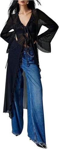 قمم القوطية فيردوسا للسيدات y2k mesh tie tie tops bell sleeve tops long long heart clothing 2000s in Saudi Arabia