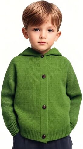 Boys' Long Sleeved Hooded Knit Cardigan Button-Front Sweater in Saudi Arabia