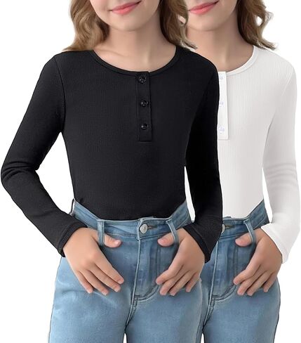 Arshiner 2 Pack Girls Long Sleeve Henley T Shirts Button Down Slim Fit Tops Round Neck Ribbed Knit Shirts in Saudi Arabia