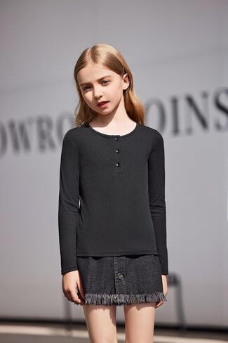 Arshiner 2 Pack Girls Long Sleeve Henley T Shirts Button Down Slim Fit Tops Round Neck Ribbed Knit Shirts in Saudi Arabia