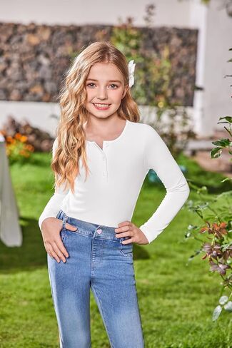Arshiner 2 Pack Girls Long Sleeve Henley T Shirts Button Down Slim Fit Tops Round Neck Ribbed Knit Shirts in Saudi Arabia
