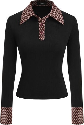 CIDER Long Sleeve Tops Geometric Contrasting Business Casual Top Button Collar Fitted Knit Blouse Shirt in Saudi Arabia
