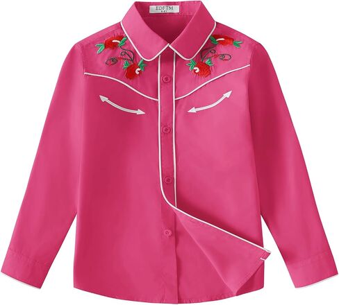 Girls Western Cowgirl Shirt Long Sleeve Retro Floral Embroidered Collared Button Down Blouse Tops for Country Outfit in Kuwait