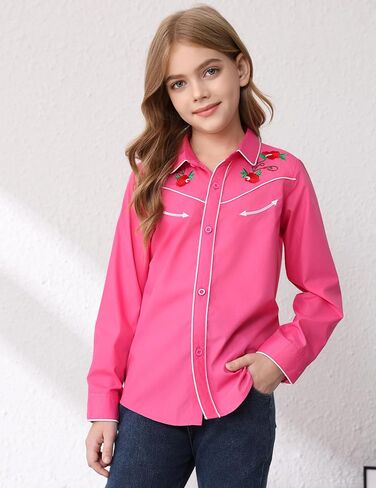 Girls Western Cowgirl Shirt Long Sleeve Retro Floral Embroidered Collared Button Down Blouse Tops for Country Outfit in Kuwait