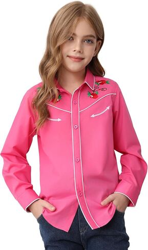 Girls Western Cowgirl Shirt Long Sleeve Retro Floral Embroidered Collared Button Down Blouse Tops for Country Outfit in Kuwait