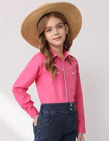 Girls Western Cowgirl Shirt Long Sleeve Retro Floral Embroidered Collared Button Down Blouse Tops for Country Outfit in Kuwait