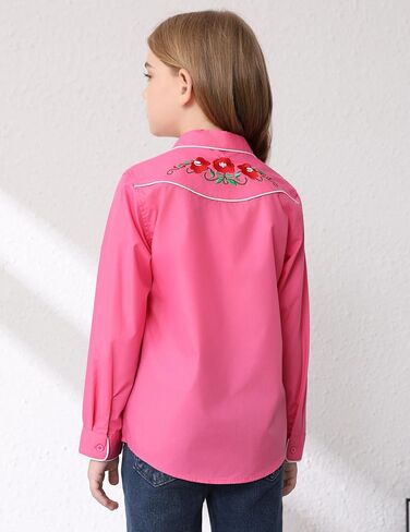 Girls Western Cowgirl Shirt Long Sleeve Retro Floral Embroidered Collared Button Down Blouse Tops for Country Outfit in Kuwait