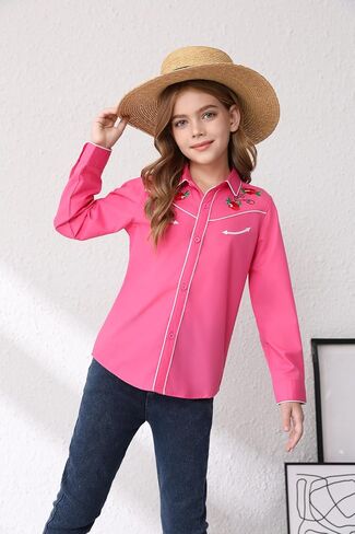 Girls Western Cowgirl Shirt Long Sleeve Retro Floral Embroidered Collared Button Down Blouse Tops for Country Outfit in Kuwait