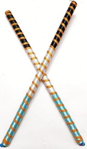 Dandiya Dance Sticks, Multicolor Striped Pattern with Ghungharu at end with Gold Accents, Traditional Folk Dance Accessories for Dandiya, Garwa Dance (1 Pair) (Pink Yellow Green) in Kuwait