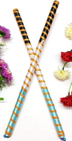 Dandiya Dance Sticks, Multicolor Striped Pattern with Ghungharu at end with Gold Accents, Traditional Folk Dance Accessories for Dandiya, Garwa Dance (1 Pair) (Pink Yellow Green) in Kuwait