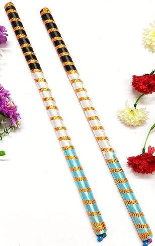 Dandiya Dance Sticks, Multicolor Striped Pattern with Ghungharu at end with Gold Accents, Traditional Folk Dance Accessories for Dandiya, Garwa Dance (1 Pair) (Pink Yellow Green) in Kuwait