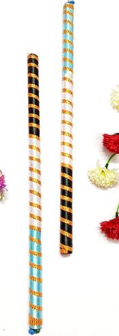 Dandiya Dance Sticks, Multicolor Striped Pattern with Ghungharu at end with Gold Accents, Traditional Folk Dance Accessories for Dandiya, Garwa Dance (1 Pair) (Pink Yellow Green) in Kuwait