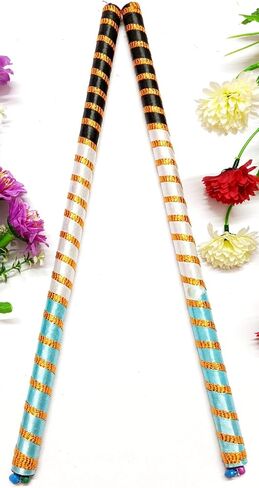 Dandiya Dance Sticks, Multicolor Striped Pattern with Ghungharu at end with Gold Accents, Traditional Folk Dance Accessories for Dandiya, Garwa Dance (1 Pair) (Pink Yellow Green) in Kuwait