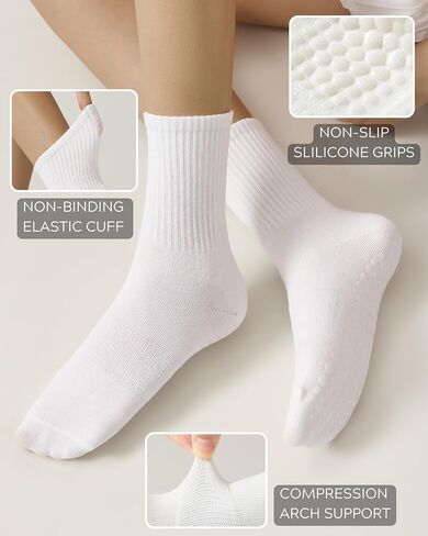 Pilates Socks with Grips for Women Grippy Non Slip Crew Socks for Yoga Barre Hospital Solid 3 Pairs in Saudi Arabia