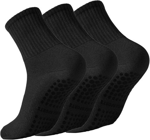 Pilates Socks with Grips for Women Grippy Non Slip Crew Socks for Yoga Barre Hospital Solid 3 Pairs in Saudi Arabia