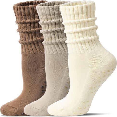 Pilates Socks for Women Mid Calf Slouch Yoga Socks with Non Slip Grippers for Barre Boot Sock 3 Pairs in Kuwait