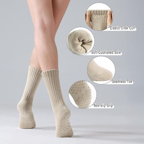 Pilates Socks for Women Mid Calf Slouch Yoga Socks with Non Slip Grippers for Barre Boot Sock 3 Pairs in Kuwait