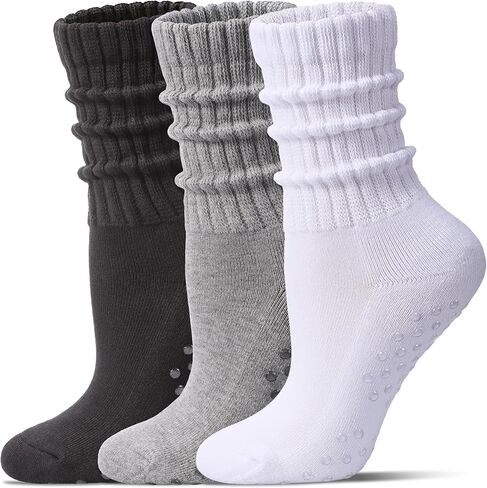 Pilates Socks for Women Mid Calf Slouch Yoga Socks with Non Slip Grippers for Barre Boot Sock 3 Pairs in Kuwait