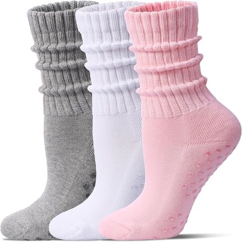 Pilates Socks for Women Mid Calf Slouch Yoga Socks with Non Slip Grippers for Barre Boot Sock 3 Pairs in Kuwait
