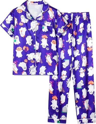 Cute Satin Pajamas for Big/Tween Girls Silk Button Down Short Sleeve & Pants PJS Clothes Nighty Size 8-16 in Kuwait
