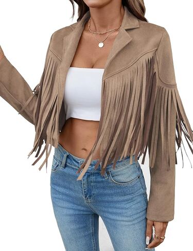 Women's Faux Suede Leather Tassel Jackets With Lining Cropped Fringe Coats For Women 2025 Fall Western Outfit in Kuwait