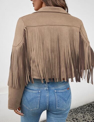Women's Faux Suede Leather Tassel Jackets With Lining Cropped Fringe Coats For Women 2025 Fall Western Outfit in Kuwait