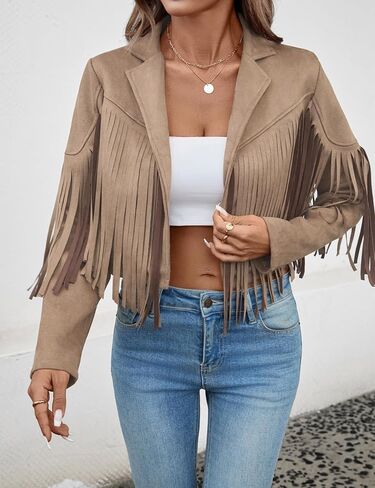 Women's Faux Suede Leather Tassel Jackets With Lining Cropped Fringe Coats For Women 2025 Fall Western Outfit in Kuwait