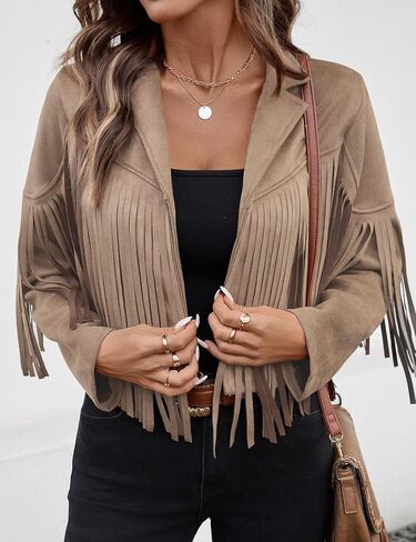 Women's Faux Suede Leather Tassel Jackets With Lining Cropped Fringe Coats For Women 2025 Fall Western Outfit in Kuwait