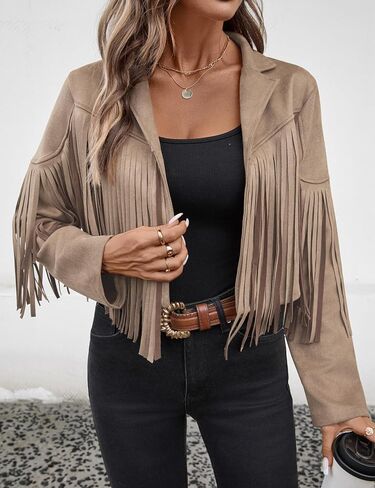 Women's Faux Suede Leather Tassel Jackets With Lining Cropped Fringe Coats For Women 2025 Fall Western Outfit in Kuwait