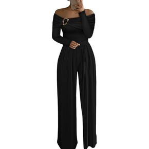 CHICME Womens Dressy Long Sleeve Jumpsuit 2025 Fall Off Shoulder Ruched Buckle Decor Cocktail Wide Leg Jumpsuit in Kuwait