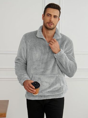 Runcati Mens Fuzzy Sherpa Sweatshirt Quarter Zip Fleece Pullover Winter Fall Warm Warm Warm مع Kangaroo Pocket in Kuwait