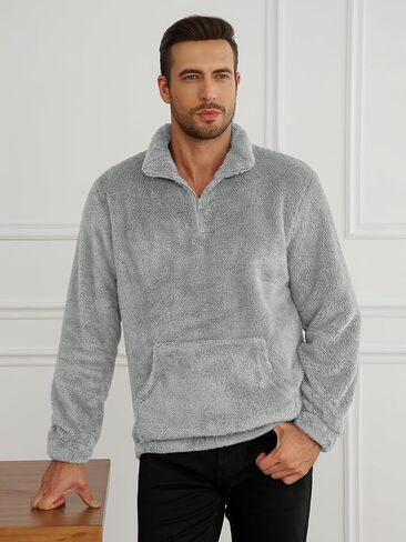 Runcati Mens Fuzzy Sherpa Sweatshirt Quarter Zip Fleece Pullover Winter Fall Warm Warm Warm مع Kangaroo Pocket in Kuwait