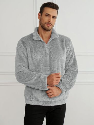 Runcati Mens Fuzzy Sherpa Sweatshirt Quarter Zip Fleece Pullover Winter Fall Warm Warm Warm مع Kangaroo Pocket in Kuwait