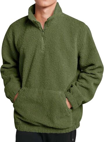 Runcati Mens Fuzzy Sherpa Sweatshirt Quarter Zip Fleece Pullover Winter Fall Warm Warm Warm مع Kangaroo Pocket in Kuwait