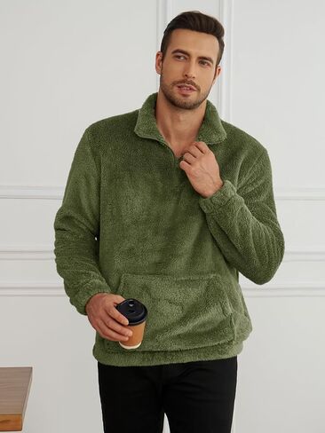 Runcati Mens Fuzzy Sherpa Sweatshirt Quarter Zip Fleece Pullover Winter Fall Warm Warm Warm مع Kangaroo Pocket in Kuwait