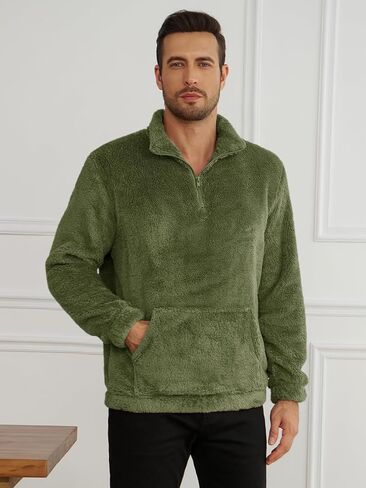 Runcati Mens Fuzzy Sherpa Sweatshirt Quarter Zip Fleece Pullover Winter Fall Warm Warm Warm مع Kangaroo Pocket in Kuwait