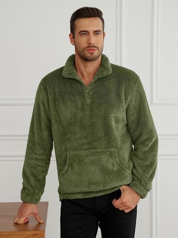 Runcati Mens Fuzzy Sherpa Sweatshirt Quarter Zip Fleece Pullover Winter Fall Warm Warm Warm مع Kangaroo Pocket in Kuwait
