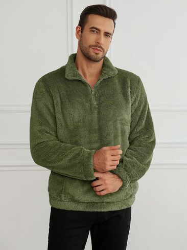 Runcati Mens Fuzzy Sherpa Sweatshirt Quarter Zip Fleece Pullover Winter Fall Warm Warm Warm مع Kangaroo Pocket in Kuwait