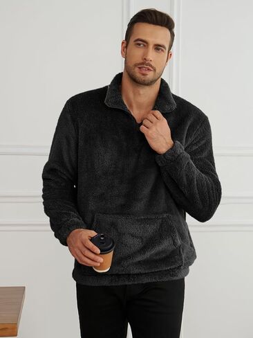 Runcati Mens Fuzzy Sherpa Sweatshirt Quarter Zip Fleece Pullover Winter Fall Warm Warm Warm مع Kangaroo Pocket in Kuwait