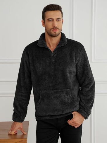Runcati Mens Fuzzy Sherpa Sweatshirt Quarter Zip Fleece Pullover Winter Fall Warm Warm Warm مع Kangaroo Pocket in Kuwait