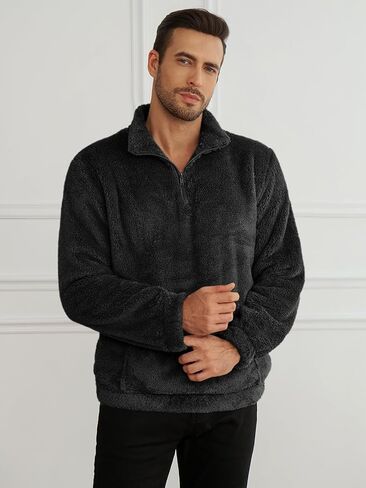 Runcati Mens Fuzzy Sherpa Sweatshirt Quarter Zip Fleece Pullover Winter Fall Warm Warm Warm مع Kangaroo Pocket in Kuwait