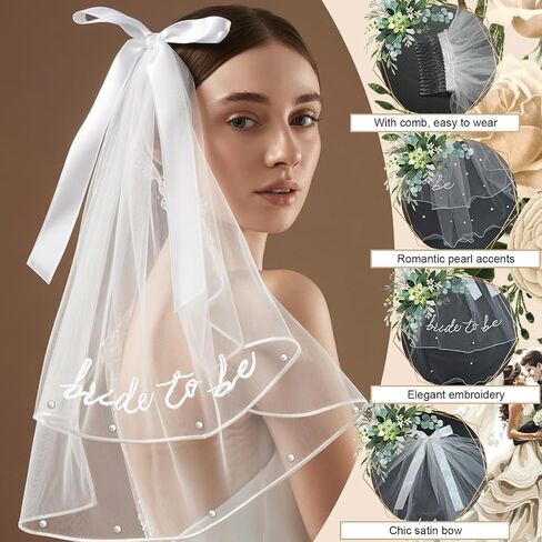 Bride to Be Veil Tulle Bow Pearl Veil for Bachelorette Party Bride to Be Embroidered Women Headpiece for Bridal Shower in Kuwait