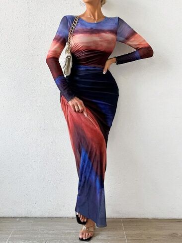 موينسن النساء الشباك الشبكة ماكسي فستان طويل الأكمام بديكون ملابس عيد ميلاد روكيد ربطة عنق كوكتيل نادي الفساتين الحفلات in Kuwait