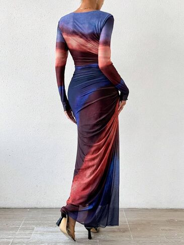 موينسن النساء الشباك الشبكة ماكسي فستان طويل الأكمام بديكون ملابس عيد ميلاد روكيد ربطة عنق كوكتيل نادي الفساتين الحفلات in Kuwait