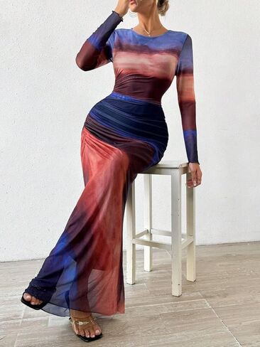 موينسن النساء الشباك الشبكة ماكسي فستان طويل الأكمام بديكون ملابس عيد ميلاد روكيد ربطة عنق كوكتيل نادي الفساتين الحفلات in Kuwait