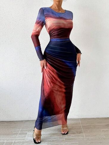 موينسن النساء الشباك الشبكة ماكسي فستان طويل الأكمام بديكون ملابس عيد ميلاد روكيد ربطة عنق كوكتيل نادي الفساتين الحفلات in Kuwait