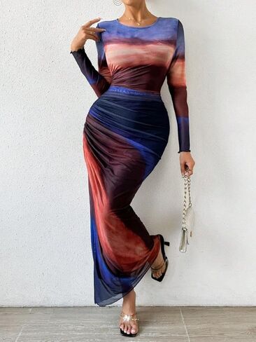 موينسن النساء الشباك الشبكة ماكسي فستان طويل الأكمام بديكون ملابس عيد ميلاد روكيد ربطة عنق كوكتيل نادي الفساتين الحفلات in Kuwait