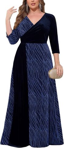 Zomva Plus Size Women's Velvet Splice Fruckly Maxi Dress 3/4 Sleve V-Neck Wrap A-Line Cocktail Cocktail in Saudi Arabia